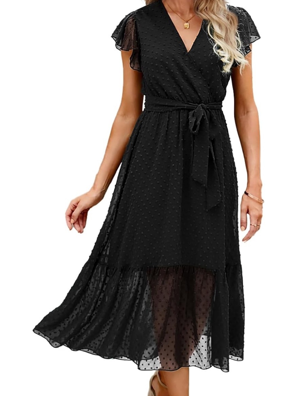 Black Swiss Dot Wrap Midi Dress with Belt